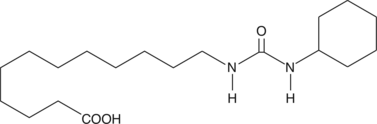 Epoxyeicosatrienoic acid (EpETrE; EET) metabolites of arachidonic acid such as 11(12)-EET and 14(15)-EET have been identified as endothelium derived hyperpolarizing factors with vasodilator activity.{12391} Soluble epoxide hydrolase (sEH) catalyzes the conversion of EETs to the corresponding dihydroxy eicosatrienoic acids (DiHETrEs; DHETs) thereby diminishing their activity. CUDA is an inhibitor of sEH exhibiting IC50 values of 11.1 nM and 112 nM for the mouse and human enzymes