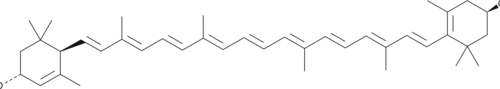 A carotenoid with diverse biological activities; reduces hyperglycemia-induced mitochondrial DNA damage and production of ROS and promotes mitochondrial biogenesis in ARPE-19 cells at 10 µM; increases NO production and decreases serum levels of endothelin-1 in a rat model of hyperhomocysteinemia at 20 mg/kg; dietary administration decreases monocyte migration and lesion size in an ApoE-/- and Ldlr-/- mouse models of atherosclerosis; reduces infarct size and cardiac MDA