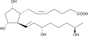 19(R)-hydroxy PGF2α is an ω-1 hydroxylase metabolite of PGF2α found in human semen. The concentration of 19(R)-hydroxy PGF compounds (F2α and F1α together) in fresh human semen is about 20 µg/ml.{497} 19(R)-hydroxy PGF2α exhibits no activity at the FP receptor of the cat iris sphincter muscle at concentrations up to 1 µM.{1441}