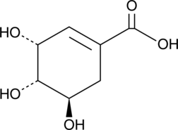 A cyclohexenecarboxylic acid; an intermediate in the biosynthesis of aromatic amino acids in plants and microorganisms; a precursor in the synthesis of oseltamivir; decreases lipid droplet accumulation in HepG2 cells and 3T3-L1 adipocytes at 80 µM; increases the levels of phosphorylated AMPK and decreases the levels of MID1IP1 in HepG2 and 3T3-L1 adipocytes at 40 µM; decreases inflammation and demyelination in a mouse model of EAE at 50-200 mg/kg and reduces symptom progression at 100 mg/kg