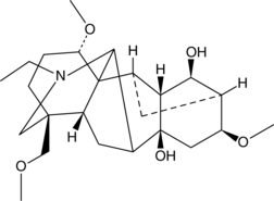 A diterpene alkaloid with diverse biological activities; blocks IK current in rat hippocampal neurons (IC50 = 146 μM); reduces Aβ40-induced increases in IK current and cytotoxicity in primary rat cortical neurons; inhibits barium chloride-induced contractions in isolated rat intenstines (EC50 = 200 μM); exhibits feeding deterrent activity against red flour beetle (T. castaneum) adults (EC50 = 342.8 ppm)