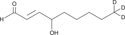 4-hydroxy Nonenal-d3 contains three deuterium atoms at the terminal methyl position. It is intended for use as an internal standard for the quantification of 4-hydroxy nonenal (4-HNE) by GC- or LC-mass spectrometry.