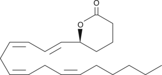 5(S)-HETE lactone is a cyclic ester formed by acid-catalyzed nucleophilic addition of the C-5 hydroxyl to the C-1 carboxyl of 5(S)-HETE. The ability of (±)5-HETE lactone to inhibit RBL-1 cell 5-LO (IC50 = 27 µM) may be entirely due to the 5(S) isomer