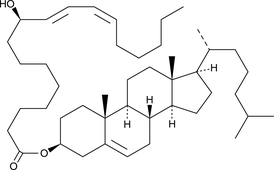 9(R)-HODE cholesteryl ester was originally extracted from atherosclerotic lesions.{2227} It remains uncertain whether the oxidized fatty acid portion of the molecule results from enzymatic lipoxygenation or from random lipid peroxidation.{1126} 9(R)-HODE cholesteryl ester can be used as a standard for analysis of chiral HODE cholesteryl esters.