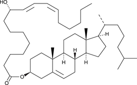 9(S)-HODE cholesteryl ester was originally extracted from atherosclerotic lesions.{2227} It remains uncertain whether the oxidized fatty acid portion of the molecule results from enzymatic lipoxygenation or from random lipid peroxidation.{1126} 9(S)-HODE cholesteryl ester can be used as a standard for analysis of chiral HODE cholesteryl esters.