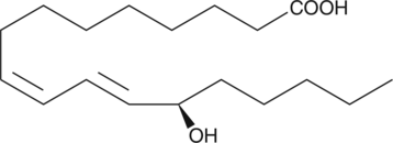 13(R)-HODE is the opposite enantiomer of the 13(S)-HODE produced when linoleic acid is incubated with soybean LO. The presence of 13(R)-HODE in the supernatants and membranes of cultured bovine endothelial cells has been attributed to COX metabolism.{2369} 13(R)-HODE is a weak (IC50 = 2.7 µM) inhibitor of U-46619-induced platelet aggregation.{2365}