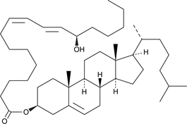 13(R)-HODE cholesteryl ester was originally extracted from atherosclerotic lesions.{2227} It remains uncertain whether the oxidized fatty acid portion of the molecule results from enzymatic lipoxygenation or from random lipid peroxidation.{1126} 13(R)-HODE cholesteryl ester can be used as a standard for analysis of chiral HODE cholesteryl esters.