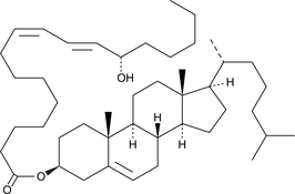 13(S)-HODE cholesteryl ester was originally extracted from atherosclerotic lesions.{2227} It remains uncertain whether the oxidized fatty acid portion of the molecule results from enzymatic lipoxygenation or from random lipid peroxidation.{1126} 13(S)-HODE cholesteryl ester can be used as a standard for analysis of chiral HODE cholesteryl esters.