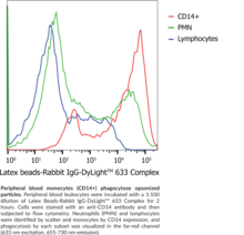 Cayman’s Phagocytosis Assay Kit (IgG-DyLight™ 633) employs latex beads coated with fluorescently-labeled rabbit IgG as a probe for the measurement of the phagocytic process in vitro. The engulfed fluorescent beads can be detected using a fluorescence microscope