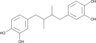 NDGA is a non-selective lipoxygenase inhibitor which blocks CysLT synthesis. NDGA inhibits A-23187-induced CysLT biosynthesis in rat peritoneal cells with an IC50 value of 5-7 µM.{346} The IC50 values are 3.0-5.0 µM for human platelet 12-LO and 0.91 µM for rabbit reticulocyte 15-LO.{346