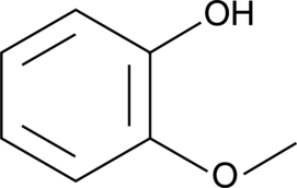 Guaiacol is a phenolic natural product first isolated from Guaiac resin and the oxidation of lignin. Guaiacol is readily oxidized by the heme iron of peroxidases including the peroxidase of COX enzymes. It can therefore serve as a reducing co-substrate for COX reactions.{4208} The one-electron oxidation product of guaiacol is a dimer absorbing at 470 nm with an extinction coefficient of 26