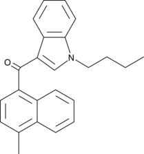 Differs structurally from JWH 073 by having a methyl group added at the 4 position of the naphthyl rings; a similar addition to JWH 018 results in an analog which has higher affinities for both cannabinoid receptors